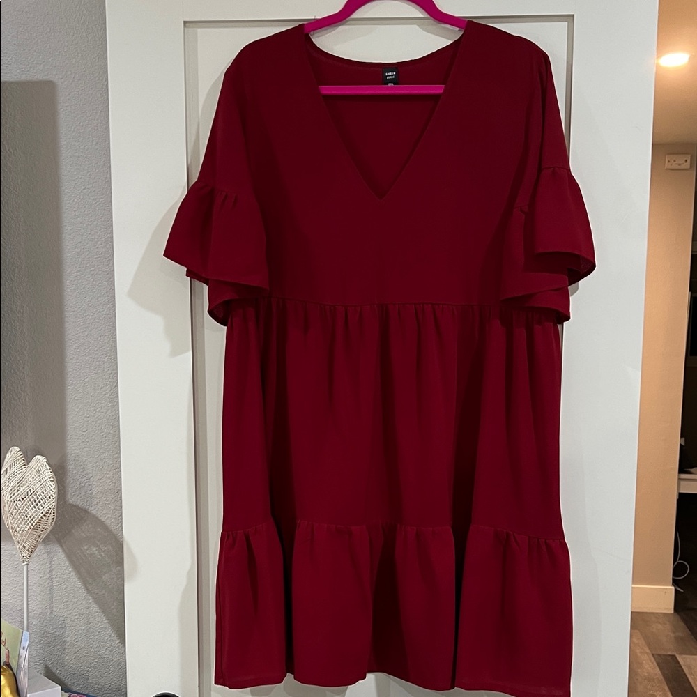 SHEIN Deep Red V-Neck Ruffle Tunic